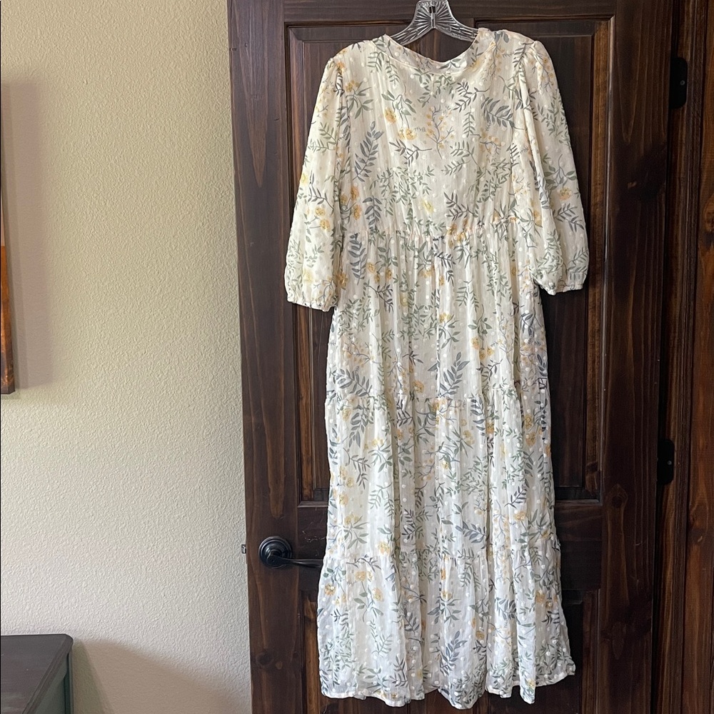 Roolee Embroidered Fully Lined Floral V-Neck Cream Maxi Dress with Puff Sleeves - Picture 2 of 5